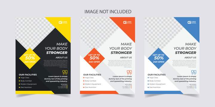 Creative abstract fitness and gym flyer template with blue, black, and orange color
