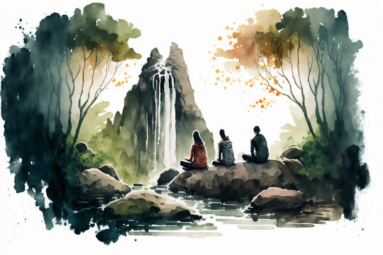 AI Generative Illustration of a Group Meditating in the Woods near a Waterfall