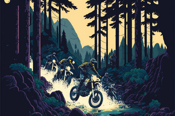AI Generative Illustration of Group of Motocross Riders at Waterfall in the Woods