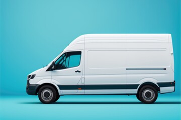 A white delivery van with branding space a blue background, This is a Royalty-free fictitious generative AI artwork that doesn't exist in real life.
