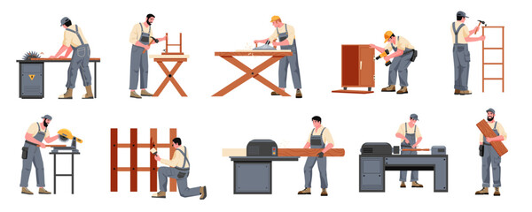 Obraz na płótnie Canvas Carpenter with furniture. Man with lumber equipment working sawing with wood material, woodworking carpentry handcraft concept. Vector cartoon set