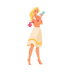 Woman Character Standing on Beach Sunbathing Applying Sunscreen Vector Illustration