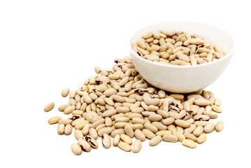 White plate, bowl with dry beans on a white background. beans