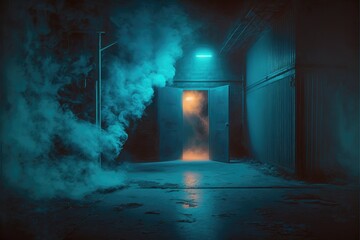 an empty dark scene of a smokey dark empty street alley in the light of neon and spotlights with smoke float up generative ai illustration	
