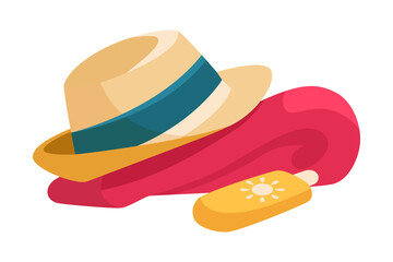 Beach Hat, Towel and Sunscreen Bottle as Vacation Time Vector Illustration