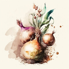 AI Generative Watercolor Style Illustration of Onions