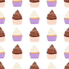 Seamless pattern with delicious cupcake in cartoon style. Vector background with sweets, dessert, pastries