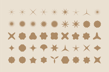 Vector set of flower and star shapes. Y2k shapes of shine, sun, sunbeams, flare and glares in a modern brutalist style