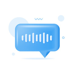 Voice message chat bubble icon with sound wave. Record audio message. 3d speech bubble with mic. Podcast voice audio record. Music track sound wave.