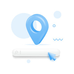 Fototapeta na wymiar 3d render pin pointer and Map location search GPS, travel navigation concept and or internet search bar technology. Paper map, banner, website. Vector illustration