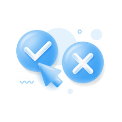 tick check mark and cross mark symbols icon element, Simple ok yes no graphic design, right checkmark symbol accepted and rejected, 3D rendering. Survey reaction icon. Vector illustration