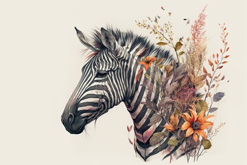 zebra on white with flower - obrazy, fototapety, plakaty