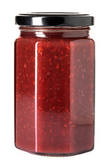 Raspberry jam in glass jar with black cap