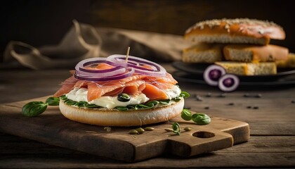  a sandwich with meat, cheese, onions and onions on a wooden cutting board next to a plate of bread and a plate of other food.  generative ai