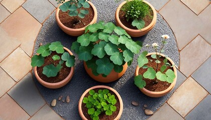  a group of potted plants sitting on top of a stone floor next to a brick wall on a patio area with a stone floor.  generative ai