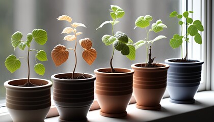  a row of potted plants sitting on top of a window sill next to a window sill with a window sill behind them.  generative ai