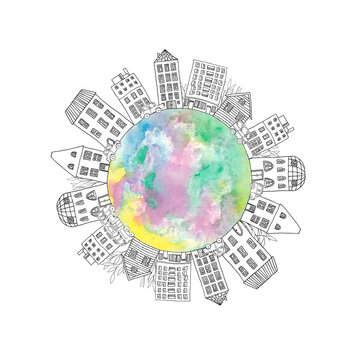 Abstract earth with city buildings, houses and cars - watercolor painting street isolated on white background