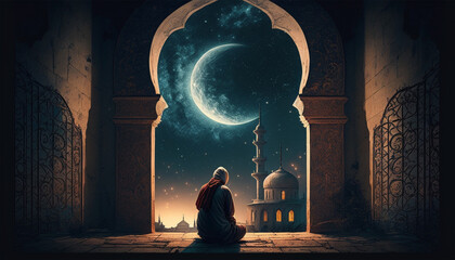 muslim old man praying on a mosque with starry and crescent moon moon night. Generative AI