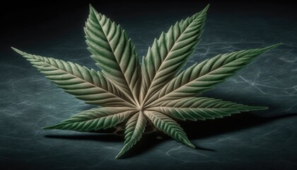  a marijuana leaf on a dark background with a spot light shining on the top of the leaf and the bottom of the leaf is green.  generative ai