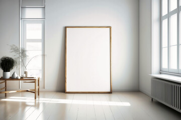 Minimalist room, large blank frame, light wood frame, white elegant style inside studio, white walls, overexposed - created with AI