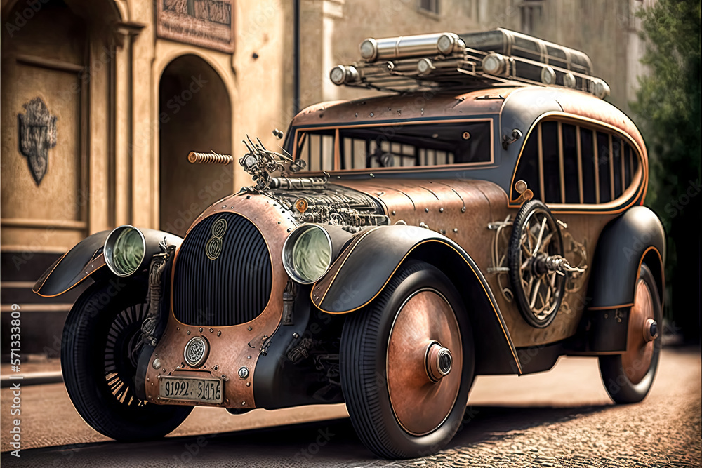 Poster i wish i could invent an suv steampunk car that has not yet been invented. - generative ai