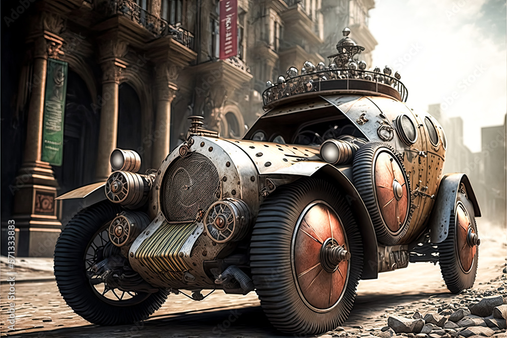 Poster i wish i could invent an suv steampunk car that has not yet been invented. - generative ai
