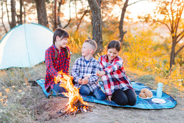 A cheerful company of two girls and a boy on a picnic in the middle of the forest. Children fry sausages on the fire, eat buns and have fun in nature. The concept of active recreation in the summer