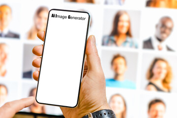 Male holds mockup white blank screen mobile phone.Man using Artificial software Ai image generator on mobile phone to create realistic generated image.Blurred PC monitor collage portrait background.