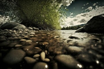 Fototapeta premium Beautiful lake river clean water view inside, stones clear sky background landscape