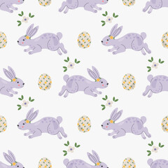 Obraz na płótnie Canvas Pattern with cute rabbits, bunny or hare. Baby animals and Easter eggs print. Childish apparel print in pastel colors. Wrapping paper, greeting cards, textile design.