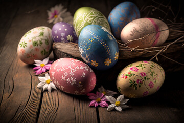 Obraz premium Handpainted Easter Eggs in Rustic Wood - A Perfect Pair , generated by IA