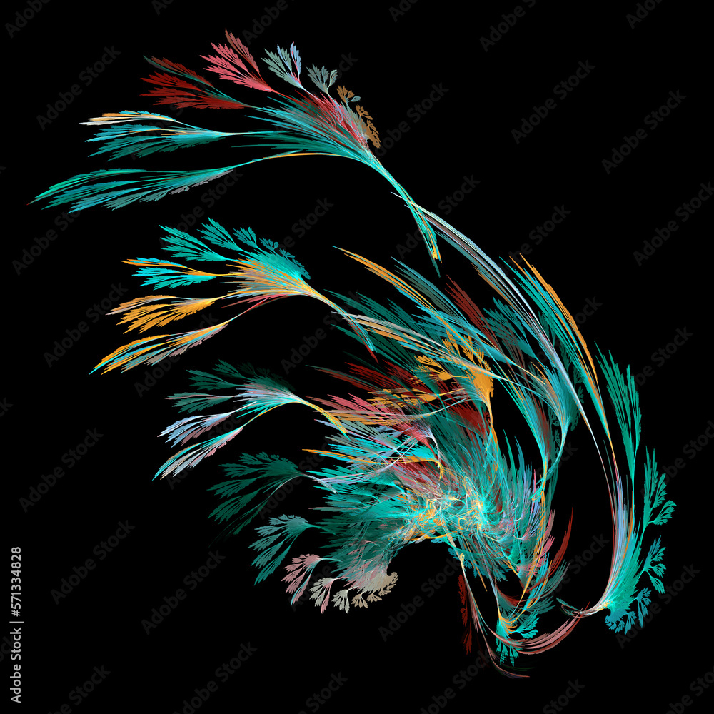 Poster beautiful abstract feathers in pastel shades are dynamically arranged on a black background. 3d rend