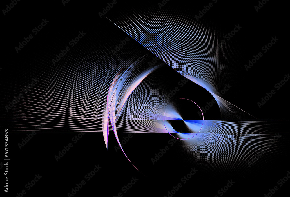 Aufkleber straight and curved striped blades are arranged in layers and rotate on a black background. abstract