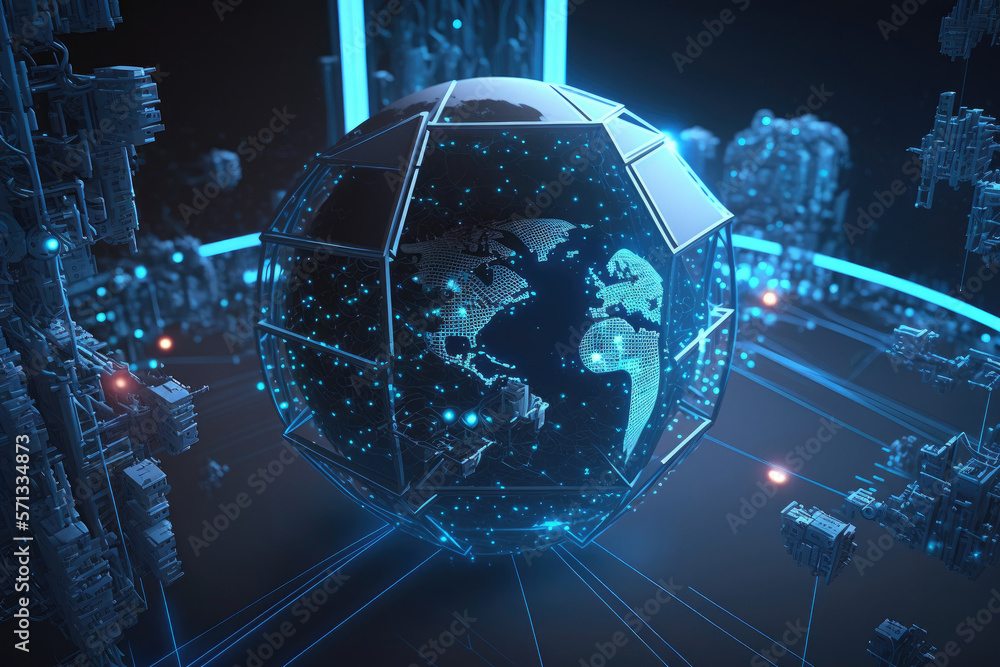 Poster blue futuristic networking technology. illustration ai generative