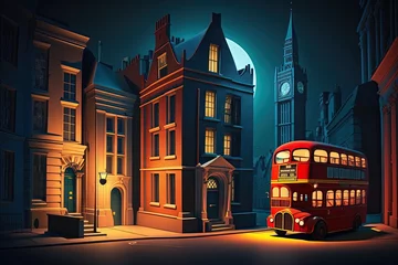 Foto op Canvas An illustration of London in three-dimensional style at night with the typical London bus Concept: London art print. Generative ai   © David