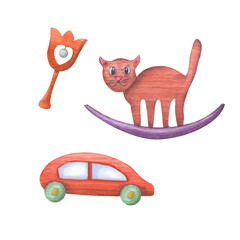 Watercolor illustration of a set of kid wooden toys isolated on white background. Nursery, Kids Room Decor. Eco-friendly materials Child Toys. Print, poster, background, decor, wallpaper, wrapping.