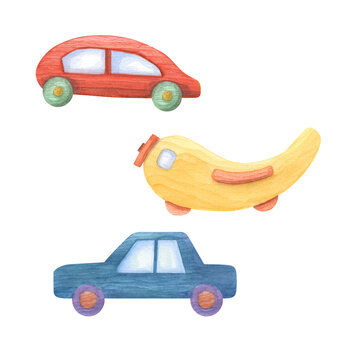 Watercolor illustration of a set of kid wooden toys isolated on white background. Nursery, Kids Room Decor. Eco-friendly materials Child Toys. Print, poster, background, decor, wallpaper, wrapping.