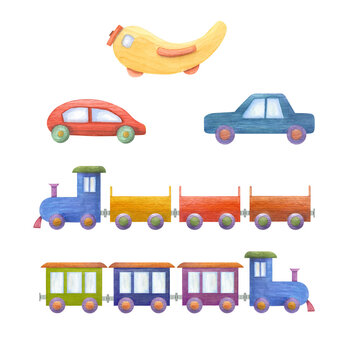 Watercolor illustration of a set of kid wooden transport isolated on white background. Nursery, Kids Room Decor. Eco-friendly materials Child Toys. Print, poster, background, decor, wallpaper