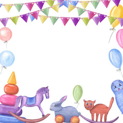 Watercolor illustration with kid wooden toys with ballons, flags isolated on white background. Nursery, Kids Room Decor. Eco-friendly materials Child Toys. Print, poster, background, postcard