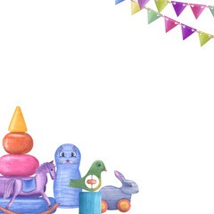 Obraz premium Watercolor illustration with kid wooden toys with flags isolated on white background. Nursery, Kids Room Decor. Eco-friendly materials Child Toys. Print, poster, background, postcard