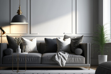 Gray sofa in modern living room interior. Illustration AI Generative