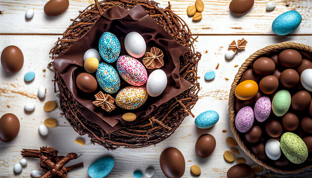 "Easter Treats" - Top View of Chocolates, Eggs, Almonds in Festive Bird's Nest on White Table - AI Generative