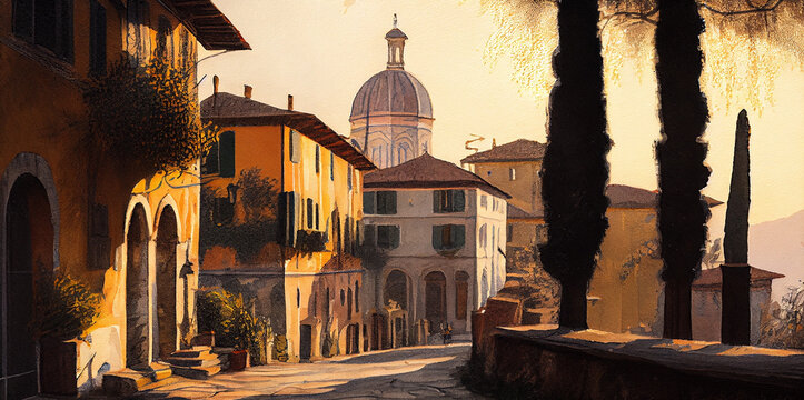 Fototapeta Generative AI painting Italian village. Typical old town of Italy   at sunny summer day, street leads to ancient architecture skyline. Travel and tourism concept