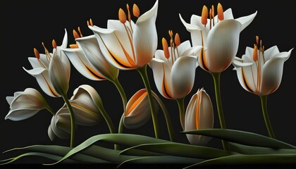  a bunch of white flowers with orange centers on a black background with green stems and leaves on the bottom of the stems, with a black background with a black backdrop.  generative ai