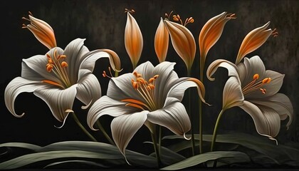  a painting of white and orange flowers on a black background with green leaves in the foreground and a black background with a black background.  generative ai