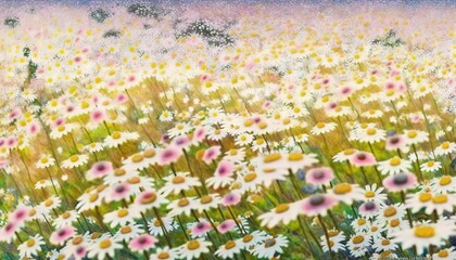 Obraz na płótnie Canvas a painting of a field of daisies and daisies in the foreground, with a blue sky in the background and a pink sky in the background. generative ai