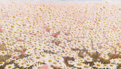  a painting of a field of daisies and daisies in the foreground, with a blue sky in the background, and a blue sky in the background.  generative ai