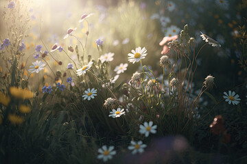 Fototapeta na wymiar Spring sunny meadow with flowers. Illustration Generative AI