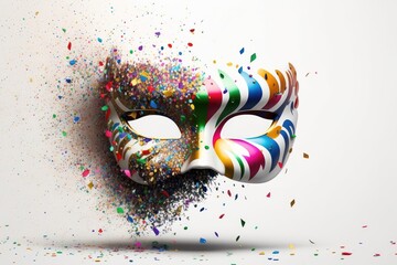 Carnival mask with confetti isolated on white background. Masquerade one mask template for carnival. Generative ai