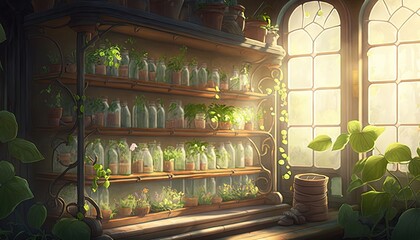  a room filled with lots of plants next to a window with sunlight coming through the window and a shelf full of bottles filled with plants.  generative ai